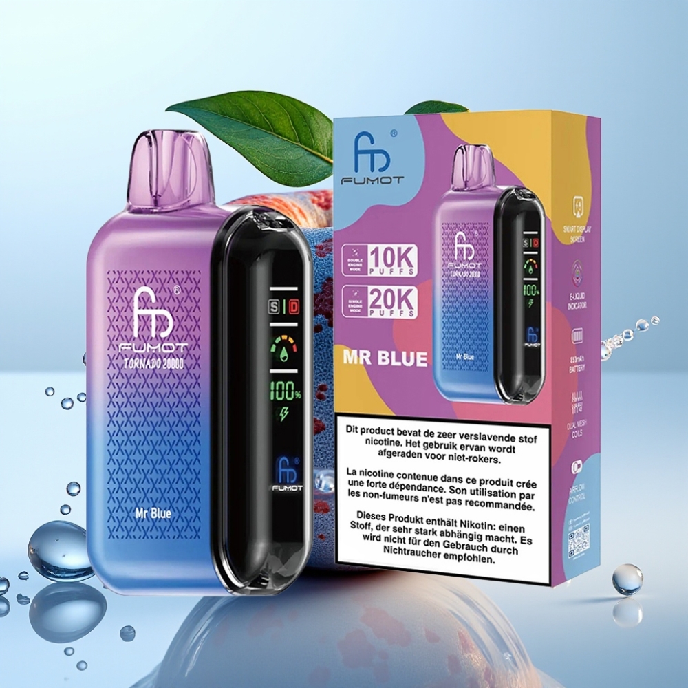 Fumot Tornado 20000 Puffs Dual Mesh 20ml 850mAh Pantalla Inteligente Ajuste de Aire 2% Nicotina Modo Single Motor Sabor Sr. Azul